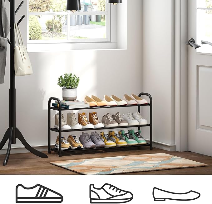 kiplant Shoe Rack for Closet, 3-Tier Expandable Shoe Organizer, Metal Adjustable Black Shoe Shelf Storage Organizer, Free Standing Shoe Rack for Entryway Closet Doorway
