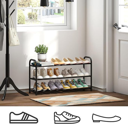 kiplant Shoe Rack for Closet, 3-Tier Expandable Shoe Organizer, Metal Adjustable Black Shoe Shelf Storage Organizer, Free Standing Shoe Rack for Entryway Closet Doorway