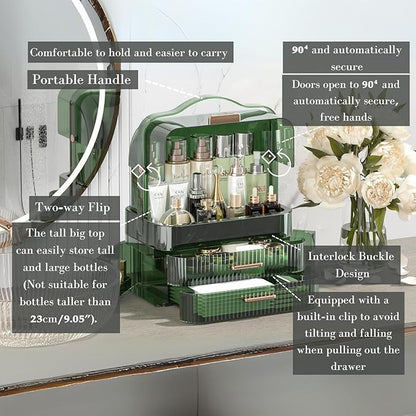LINFIDITE Cosmetics Storage Box Transparent Lid Large Makeup Organizer Box Drawers Portable Handle Waterproof Dustproof Skincare Display Cases for Countertop, Bathroom, Dresser,Gift Clear Green