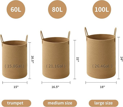 Laundry Basket Hamper Tall Rope Storage Woven for Blanket toys Dirty Clothes in Living Room Bathroom Bedroom (Jute Brown, 100L/26.4Gal)