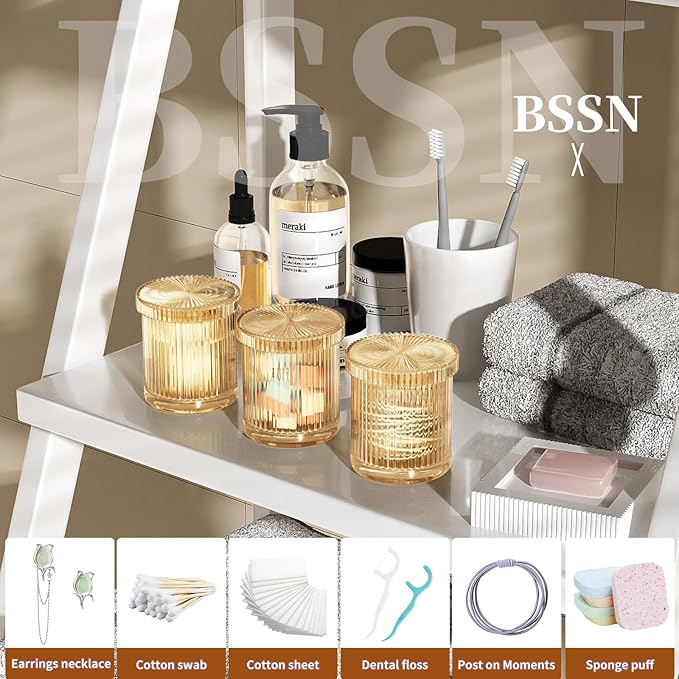 BSSN Glass Cotton Swab Holder Set of 3 with Bamboo Tray, Qtip Holder Dispenser for Bathroom Vanity, Amber Apothecary Jars with Lids for Cotton Balls, Swabs and Makeup Pads