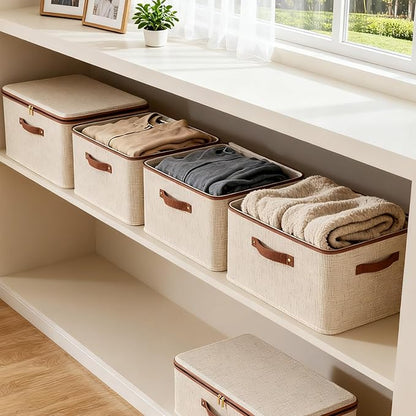 Tuza 3 Pcs Rigid Storage Bins with Zipper Lid, Cotton Linen Fabric Storage Boxes, Foldable Shelves Clothes Storage Cubes with Handles for Wardrobe, Closet(Beige, 56L)