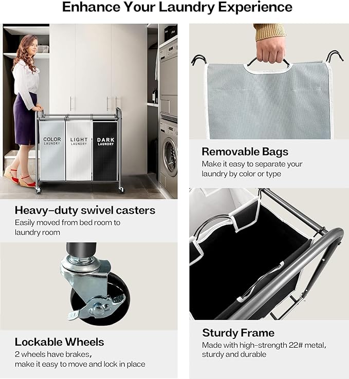 ROMOON Laundry Sorter Hamper 3 Section, Divided Laundry Basket Organizer with Heavy Duty Lockable Wheels and Removable Bags, Rolling Clothes Hamper for Apartment, Dorm & Family (135L Multicolor)