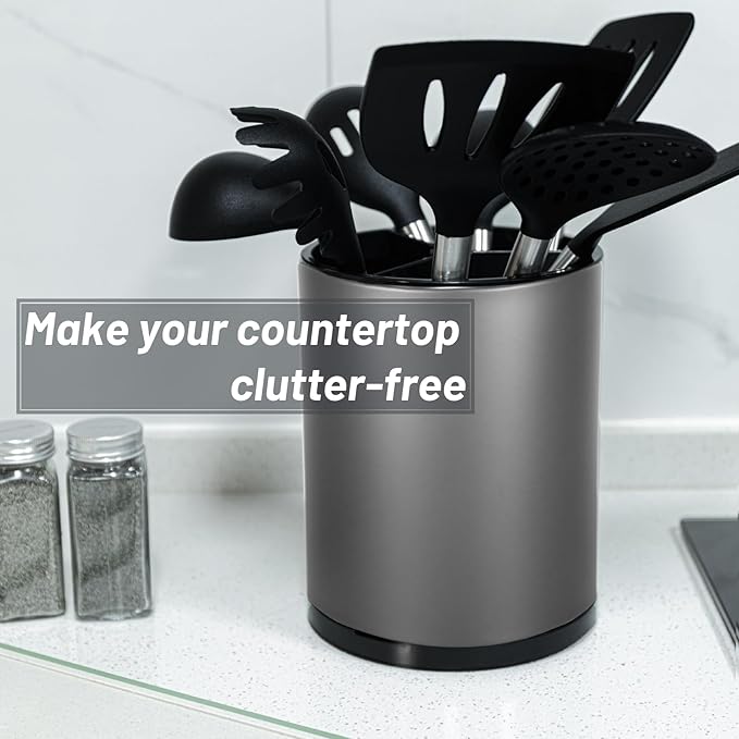 Kitchen Utensil Holder for Countertop 360° Rotating Utensil Caddy Extra Large Utensil Crock Cooking Utensil Holder for Kitchen Counter (Dark Grey)