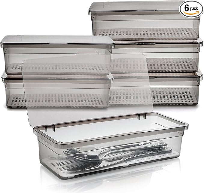 Elsjoy 6 Pack Flatware Trays with Lid and Drainer, Plastic Utensil Holder for Kitchen Counter, Silverware Storage Box Covered Cutlery Container for Home
