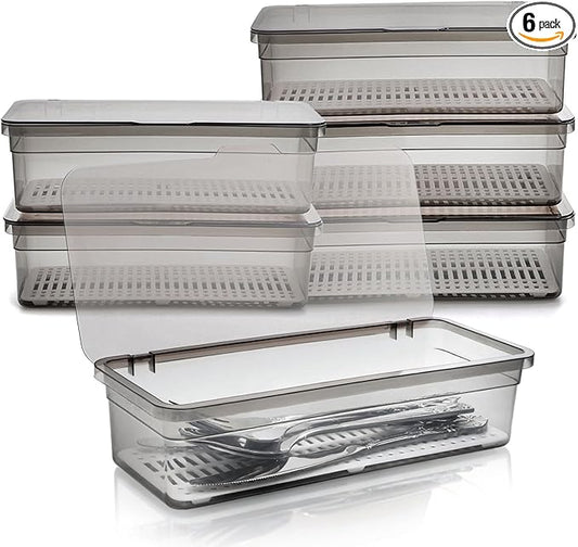 Elsjoy 6 Pack Flatware Trays with Lid and Drainer, Plastic Utensil Holder for Kitchen Counter, Silverware Storage Box Covered Cutlery Container for Home