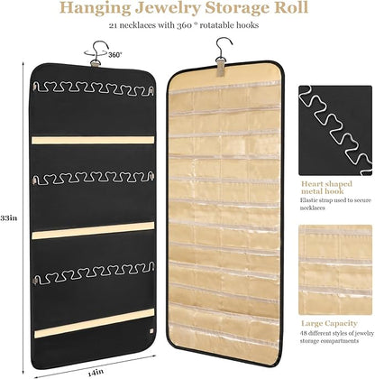 Double Sided Hanging Jewelry Organizer, Wall Mounted Jewelry Storage with 48 Pockets, Metal Hooks for Necklace Earring Bracelet, Large Capacity Jewelry Holder for Closet Door, Black