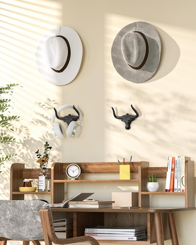 Cowboy Hat Rack for Wall 4 Pack Western Longhorn Cowboy Hat Holder Cast Iron Vintage Rustic Cowboy Hat Hanger Hat Hooks for Storage Display Closet Bedroom Living Room Rust Men's Gift