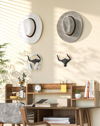 Cowboy Hat Rack for Wall 4 Pack Western Longhorn Cowboy Hat Holder Cast Iron Vintage Rustic Cowboy Hat Hanger Hat Hooks for Storage Display Closet Bedroom Living Room Rust Men's Gift