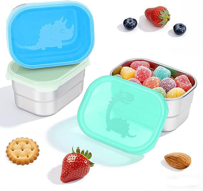 Tanjiae 3×8oz Small Stainless Steel Snack Containers for Kids and Toddlers - 230mL Leakproof Food Containers with Cute Dino Lids | LFGB Certified, Stackable Metal Snack Box for School, Daycare, Travel