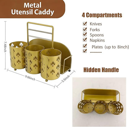 NelyBet Bee Utensil Caddy Silverware Holder Fork Spoon Napkin Paper Plate Organizer Metal Utensil Holder Cutlery Flatware Organizers for Party Kitchen Countertop Camping Picnic - Gold