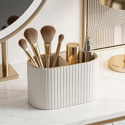 KINGFOM Makeup Brush Holder Organizer with Divider, PU Leather Vanity Brush Holder for Bathroom Countertop & Dressing Table, Cosmetic Desktop Storage Caddy for Makeup Tools Oval (Light Beige)
