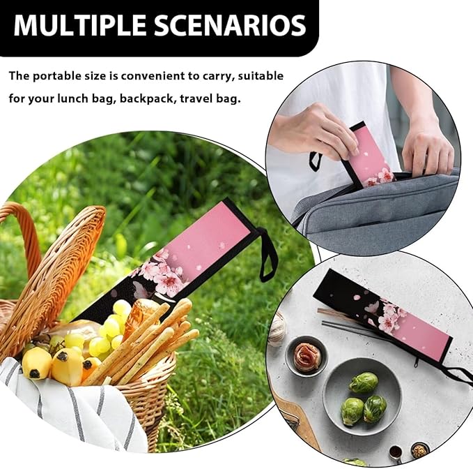 COEQINE Cherry Blossom Floral Utensil Case Reusable Portable Flatware Organzier Bag Tableware Carrying Case Chopsticks Knife Fork Spoon Straw Storage Case Zipper Bag for Cutlery Kit