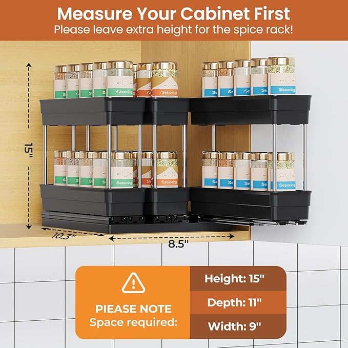 Mystozer Pull Out Spice Rack Organizer for Cabinet, Slide Out Spice Racks Organizer, Easy to Install Spice Cabinet Organizers, 2.3''Wx10.66''Dx8.11''H, 3 Packs - 2 Tiers (Black)