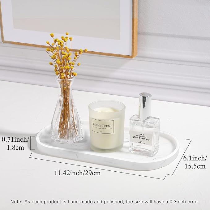 Luxspire Bathroom Vanity Tray, Handmade Resin Kitchen Tray, Oval Toilet Tank Tray, Bathroom Countertop Organizer Tray for Jewelry/Perfume/Soap Dispenser/Hand Towel - 11.4 Inch, Marble White