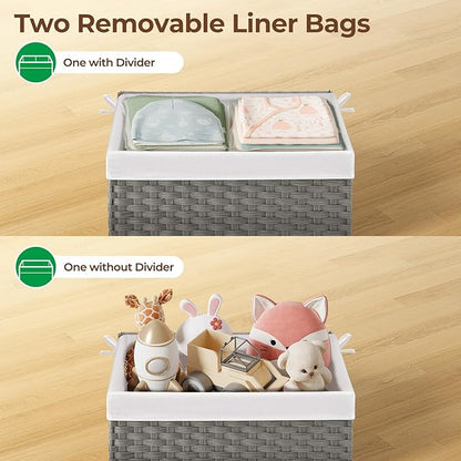 GREENSTELL Storage Basket with Lid, 17.2 Gallon(65L) Small Wicker Blanket Storage Basket with Handles, Foldable, 2 Removable Liner Bags, Metal Frame, for Bedroom, Laundry Room, Grey, 22.2"*13.4"*13.4"