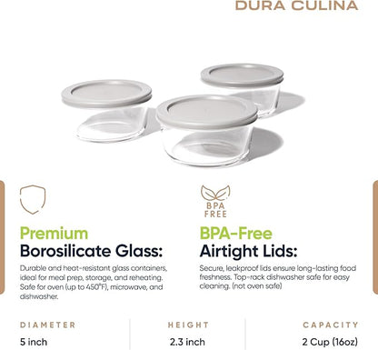 6-Piece Glass Food Storage Containers Set (3 Containers + 3 BPA-Free Lids) | 2-Cup, Leakproof | Microwave, Freezer, Oven & Dishwasher Safe | Ideal for Meal Prep & Pantry Organization, Grey