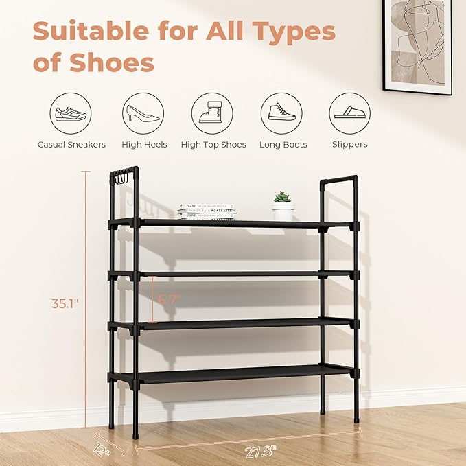 LANTEFUL 4 Tier Shoe Rack for Closet Shoe Organizer with 5 Hooks, Long Shoe Shelf Storage for Shoe and Boot Stackable Free Standing Shoe Rack for Entryway, Garage, Small Spaces, Dorm, Black