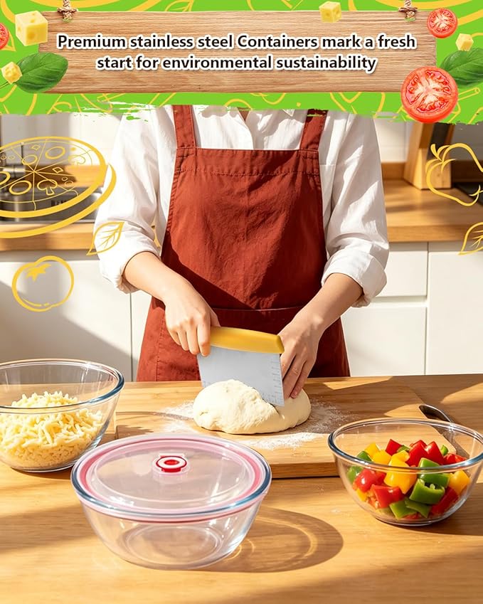 2 Pack Pizza Dough Proofing Container, 2000ML Glass Proofing Box with Clear Airtight Lid, Stackable Fermentation Storage for Dough Balls & Bread, Includes Cutter