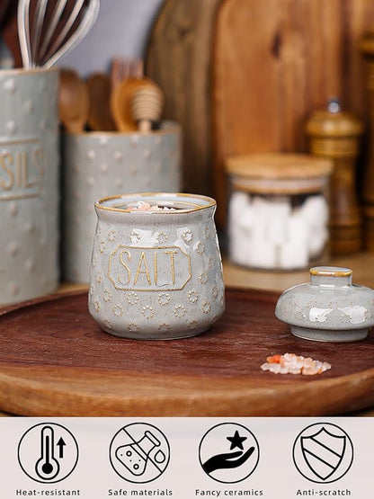 Salt & Pepper Bowl with Lid and Spoon, 10 OZ Ceramic Spices Cellar for Kitchen Counter top, Farmhouse Kitchen Decor (Vintage Grey, 4.3" Label Salt)