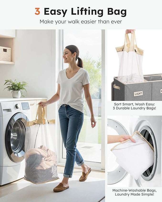 SOLEDI 200L 3-Section Laundry Hamper with Lid, Extra Large Dirty Clothes Basket with Sturdy Handles for Laundry Room & Bedroom - Durable Organizer for Sorting Laundry