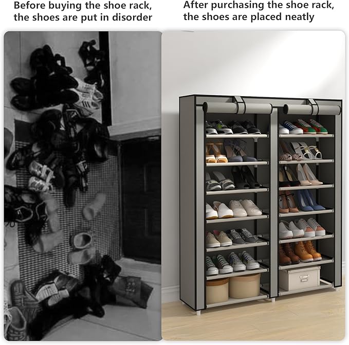 JIUYOTREE Double Row Shoe Rack Storage Organizer with Big Capacity,7-Tier Shoe Cabinet,Shelf,Closet with Nonwoven Fabric Cover for 28 Pairs of Shoes,Grey