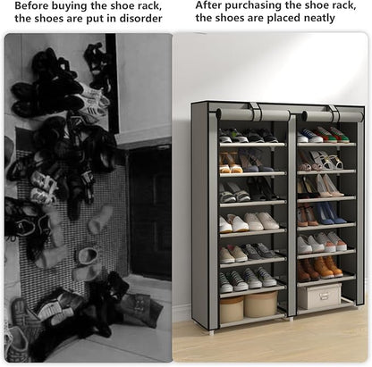 JIUYOTREE Double Row Shoe Rack Storage Organizer with Big Capacity,7-Tier Shoe Cabinet,Shelf,Closet with Nonwoven Fabric Cover for 28 Pairs of Shoes,Grey