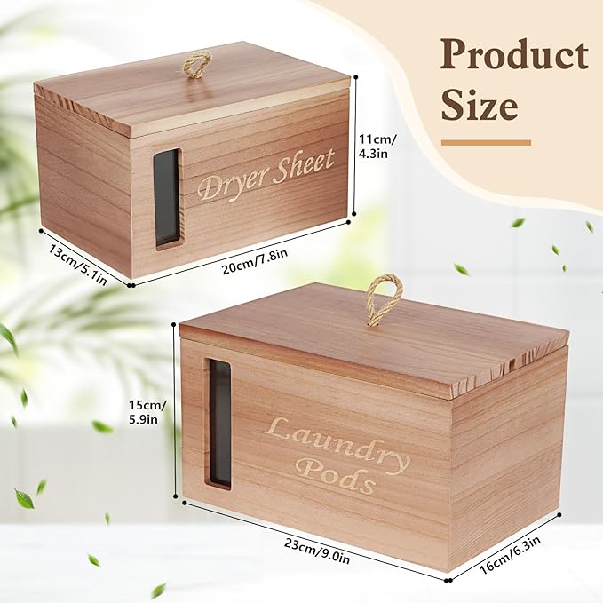 2 Pcs Wood Laundry Pods Container & Dryer Sheet Holder, Solid Pine Laundry Sheet Container Dispenser with Visible Window for Laundry Accessories, Farmhouse Decor for Laundry Room Refresh(Walnut Brown)