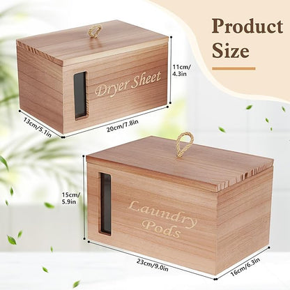 2 Pcs Wood Laundry Pods Container & Dryer Sheet Holder, Solid Pine Laundry Sheet Container Dispenser with Visible Window for Laundry Accessories, Farmhouse Decor for Laundry Room Refresh(Walnut Brown)