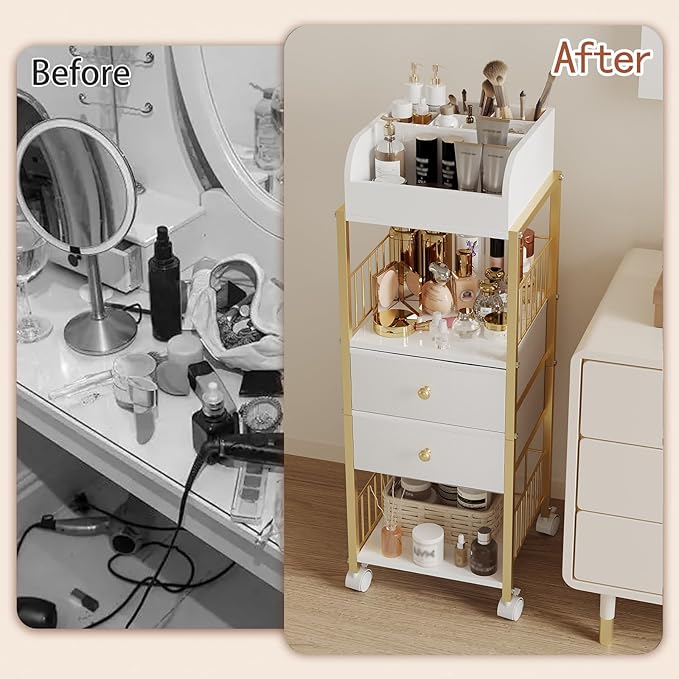 Makeup Organizer Storage Cart, Large Skincare organizers, Makeup Stand with Drawers, Makeup Vanity Organizer Cosmetics Display Cases Holder for Skin Care Nail Polish Perfume Makeup Brush (Gold)