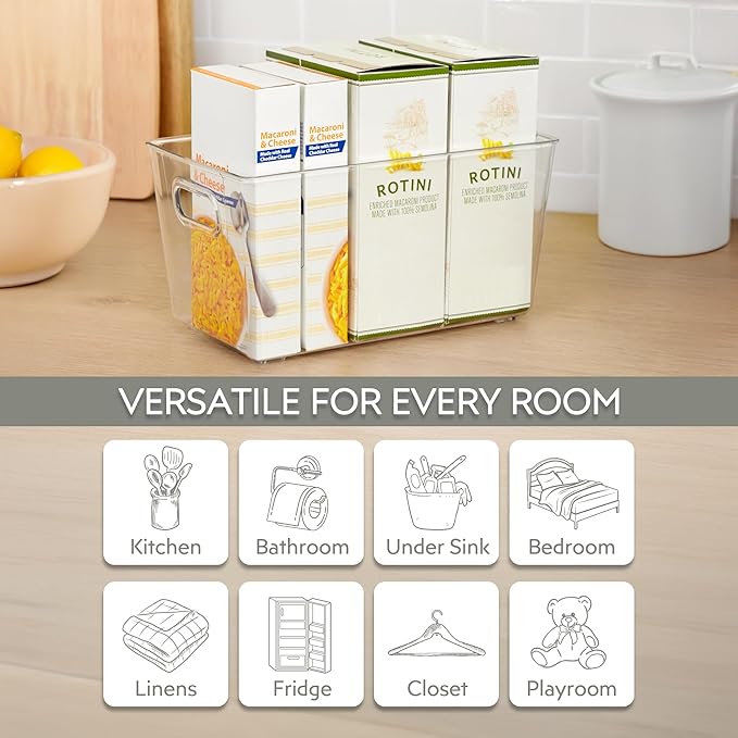 Set of 6 Clear Plastic Storage Bins With Handles, Containers To Organize Pantry, Fridge, Cabinet, Kitchen, Countertop, Closet, Cupboard, Home Organization and Storage