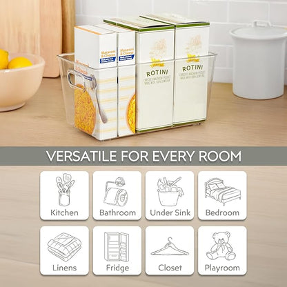 Set of 6 Clear Plastic Storage Bins With Handles, Containers To Organize Pantry, Fridge, Cabinet, Kitchen, Countertop, Closet, Cupboard, Home Organization and Storage