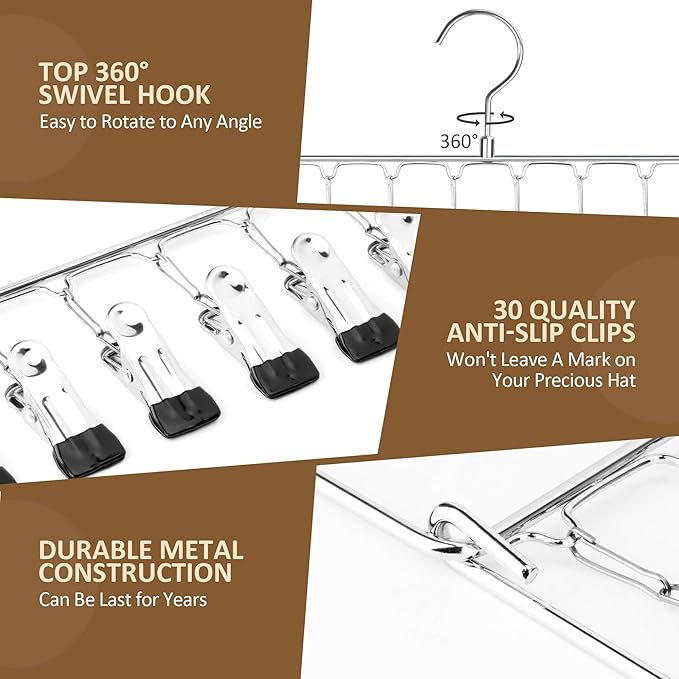 ZEDODIER Hat Hanger Hat Rack for Baseball Caps, 30 Hooks, Space Saving Hat Holder Closet Organizers and Storage, Silver