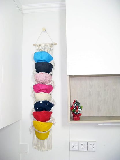 2 Pack 8-Tier Macrame Baseball Cap Organizer With Boho Hooks—Handwoven Boho Cap Holder,Macrame Hat Hangers-Space Saving Wall Storage for Living Room, Bedroom, Entryway