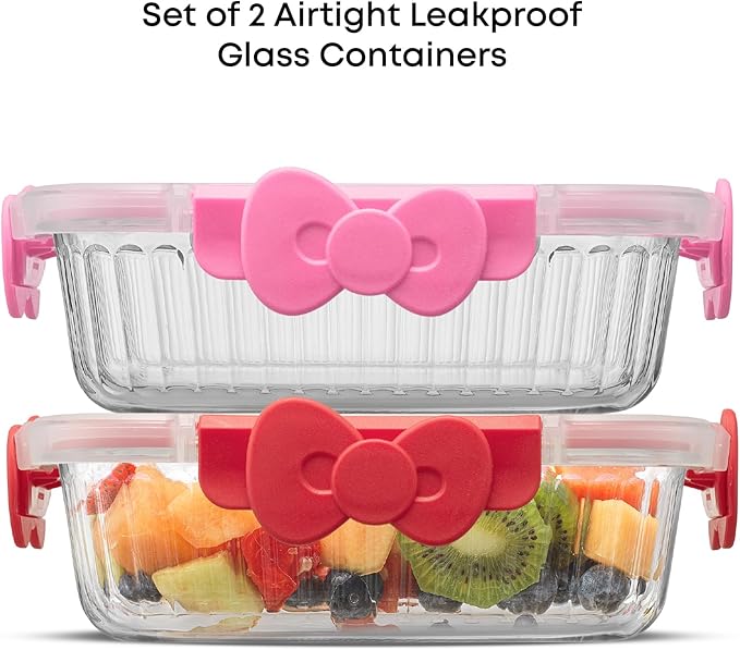 JoyJolt Sanrio Hello Kitty Fluted Glass Food Storage Containers with Lids, 2x Airtight Glass Storage Containers with Lids for Kitchen, Reusable Lunch Meal Prep Container, Cute Hello Kitty Gifts