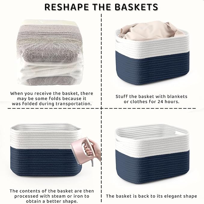 4 Pack Storage Baskets for Organizing, 12''Lx9''Wx8''H Woven Baskets for Storage Toys, Towels, Books, and Clothes, Cotton Rope Basket for Shelves with Handle
