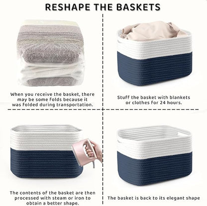 4 Pack Storage Baskets for Organizing, 12''Lx9''Wx8''H Woven Baskets for Storage Toys, Towels, Books, and Clothes, Cotton Rope Basket for Shelves with Handle