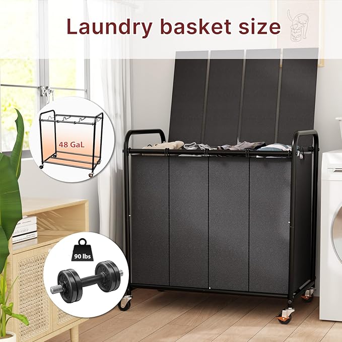180L Laundry Sorter 4 Section – Heavy Duty Rolling Laundry Basket with Lockable Wheels and Lid, 4 Large Separate Removable Bags, Laundry Hamper Cart for Laundry Room Organizer (Black)