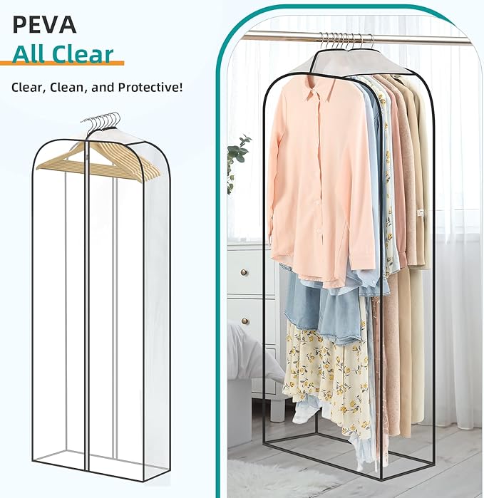 LANDNEOO 6 Pack Clear Garment Bags for Hanging Clothes with Zippers on Double Sides - 10'' Clothes Storage for Coat, Dress, and Fur in Closet - 60'' Long Suit Bags