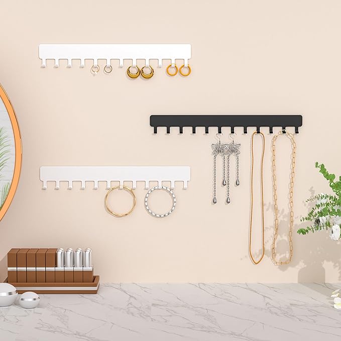 Necklace Holder Hanging Jewelry Organizer - Self-Adhesive Wall Mounted for Necklaces, Bracelets, 2 PCS, White
