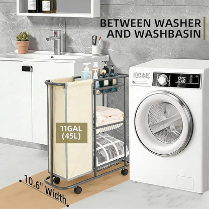 Rolling Laundry Basket with 3 Storage Baskets and 45 L Bag, Heavy Duty Laundry Cart with Wheels and Handle, Space Saving Laundry Room Organization for Bathroom Living Room Apartment Dorm