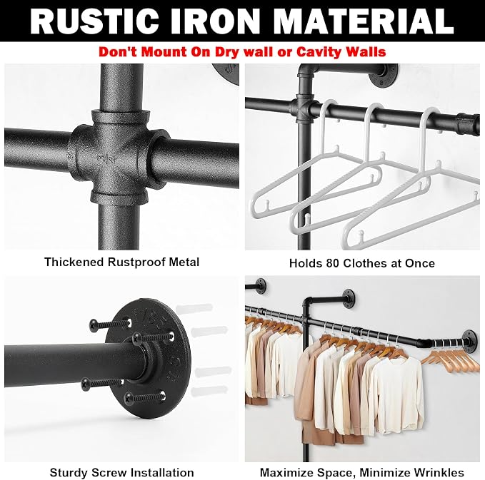 Livabber Industrial Pipe Clothes Rack, Heavy Duty Detachable Iron Garment Rack Wall Mounted, Rustic Saving Space Clothes Bar Multi-Purpose Hanging Rod for Bedroom, Closet, 2 Tier, Black (82 Inch)