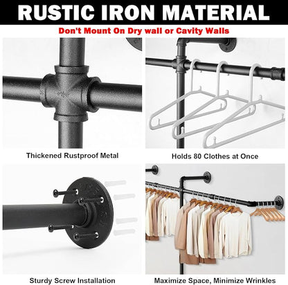 Livabber Industrial Pipe Clothes Rack, Heavy Duty Detachable Iron Garment Rack Wall Mounted, Rustic Saving Space Clothes Bar Multi-Purpose Hanging Rod for Bedroom, Closet, 2 Tier, Black (82 Inch)