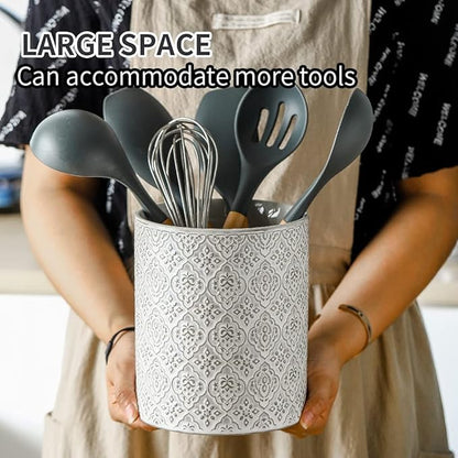 KOOV Kitchen Utensil Holder, Large Utensil Holders for Countertop, 6 x 7 Inches Ceramic Utensil Crock, Deep and Stable, Cooking Utensil Holder, Embossed Pattern, White