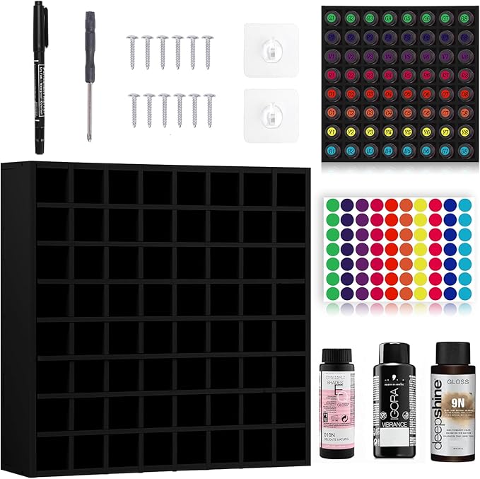 64 Grids Hair Color Organizer for 2oz Shades EQ Wall Mounted Hair Color Rack Stackable Hair Dye Holder Paint Bottle Rack Stand for Salon Decor Lumishine Igora Vibrance Deepshine Use (1, Black)