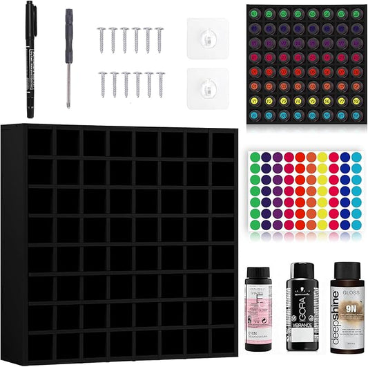 64 Grids Hair Color Organizer for 2oz Shades EQ Wall Mounted Hair Color Rack Stackable Hair Dye Holder Paint Bottle Rack Stand for Salon Decor Lumishine Igora Vibrance Deepshine Use (1, Black)