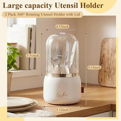 2 Pack 360° Rotating Silverware Organizer, Utensil Holder with Lid for Kitchen Counter, Silverware Caddy with Drainage Dustproof Flatware Holder for Cutlery Spoon Fork Storage, White(7 Slot)