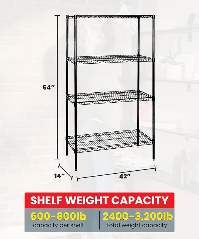 Quantum Storage Systems WR54-1442BK Wire Shelving Starter Kit, 42" W x 14" D x 54" H, 600 lbs Capacity, Carbon Steel, Epoxy Coated, Black, NSF