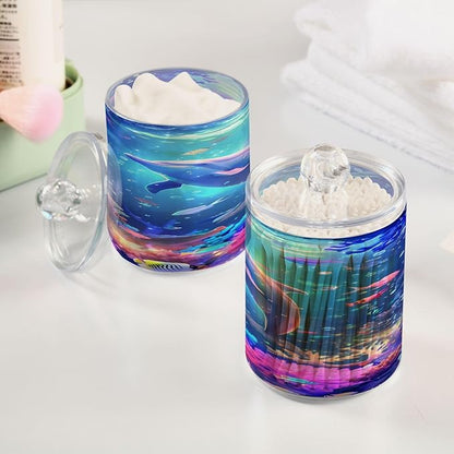 ALAZA 2 Pack Qtip Holder Dolphin Colorful Coral Ocean, Cotton Swab Dispenser with Lid Bathroom Containers Canister Organizer Storage Jar