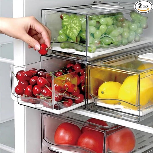 Fruit Storage Containers for Fridge with Strainer, BPA-Free Fridge Organizers and Storage, Stackable Clear Pull Out Refrigerator Organizers Drawer for Fruit,Vegetable,Produce,Berry,Food (2 Pack)